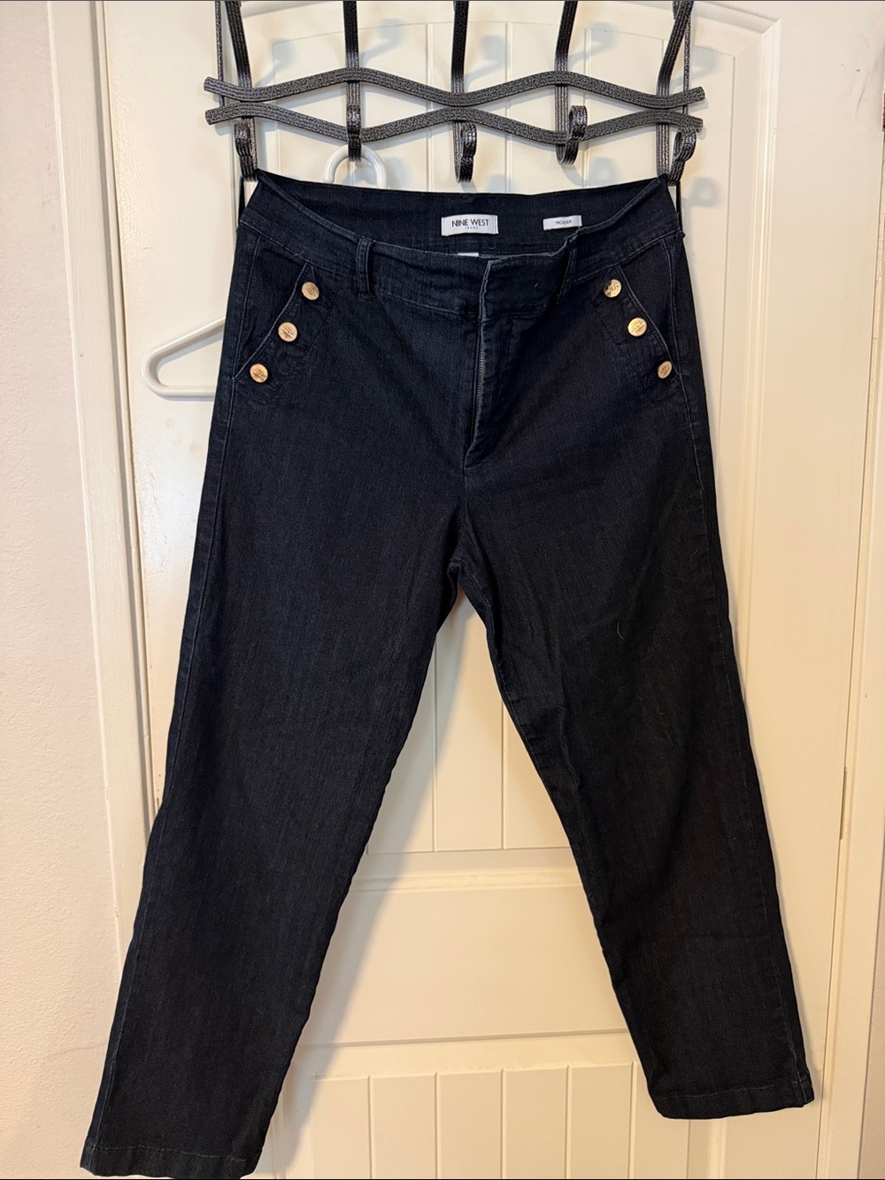 Nine West Black Straight-Leg Jeans with Gold Button Detail